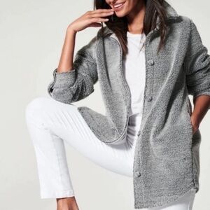 Spanx Pebble Grey Luxe Fleece Button Down Shirt Plus Size Jacket Shacket Sz 3XL